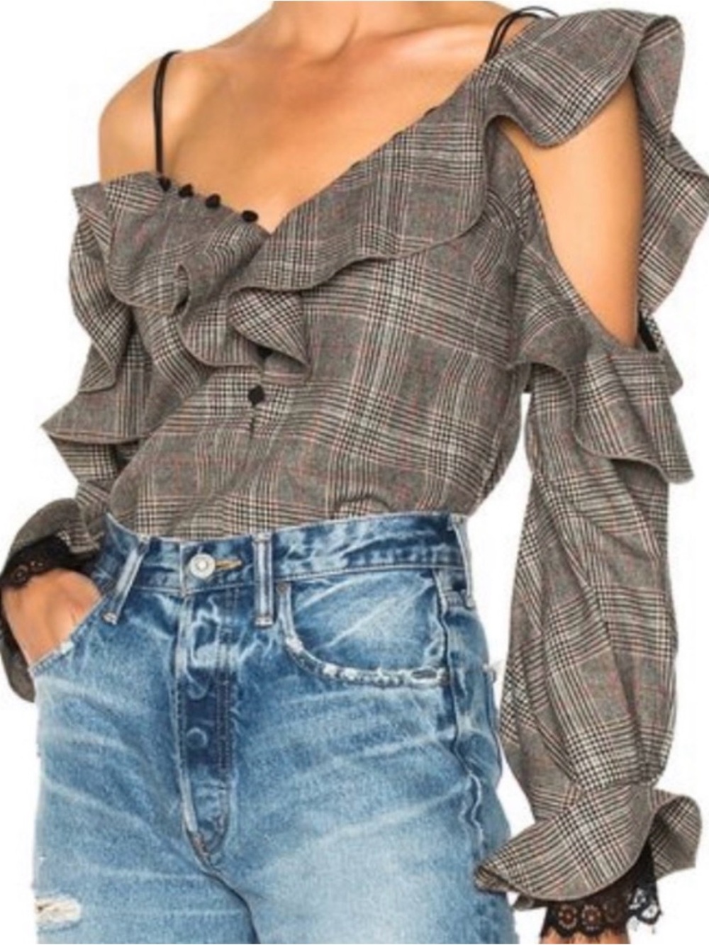 Self Poetrait Ruffled Plaid Cold-Shoulder Blouse